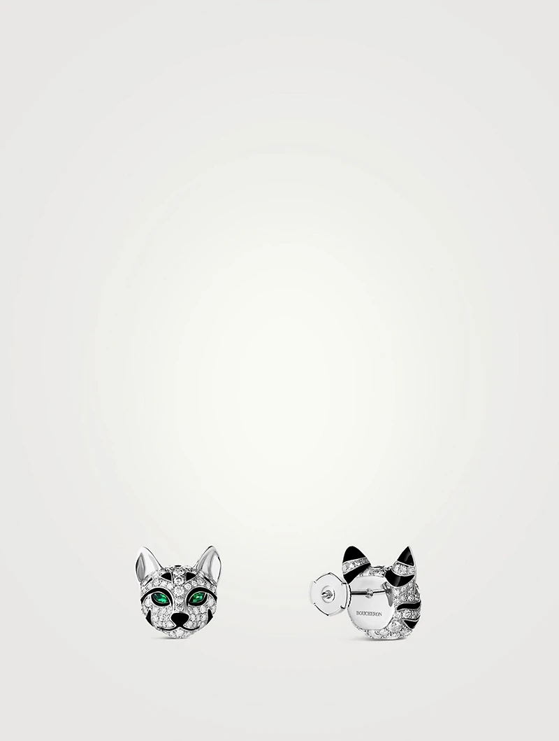 Fuzzy The Leopard Cat White Gold Stud Earrings With Emerald And Diamonds