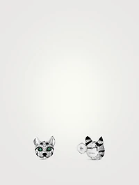 Fuzzy The Leopard Cat White Gold Stud Earrings With Emerald And Diamonds