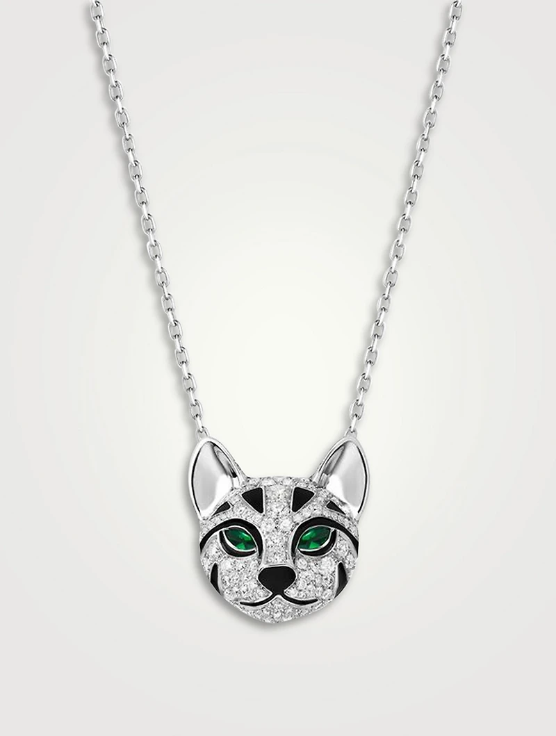 Fuzzy The Leopard Cat White Gold Pendant Necklace With Diamonds
