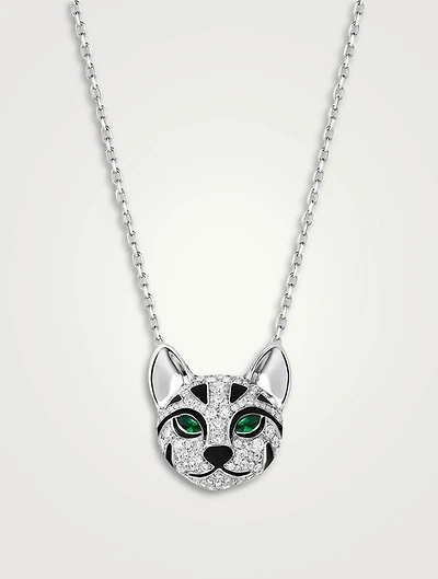 Fuzzy The Leopard Cat White Gold Pendant Necklace With Diamonds