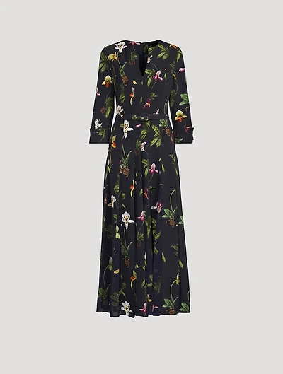 Belted Cady Midi Dress Orchid Print