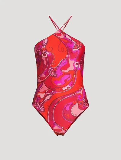 One-Piece Halter Swimsuit Orchidee Print