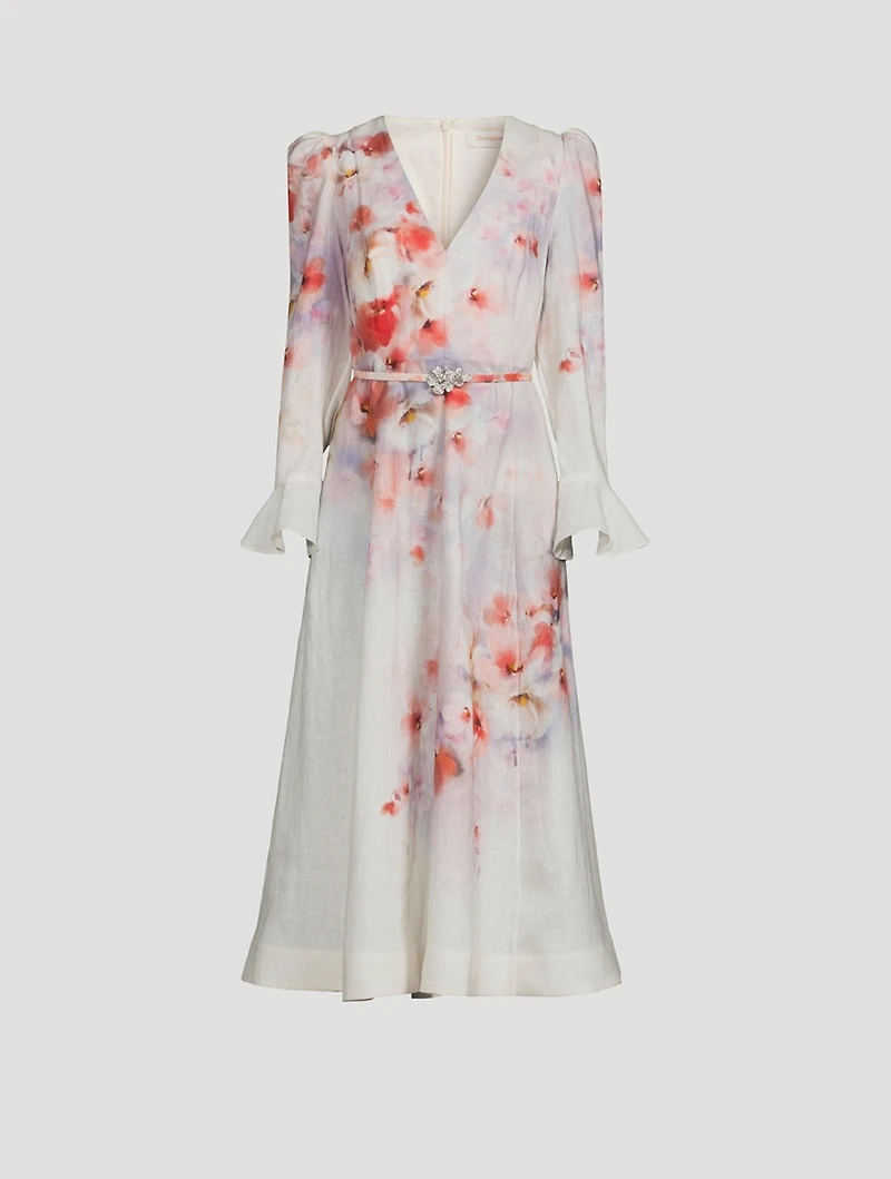 Crush Linen Midi Dress Floral Print