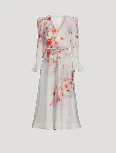 Crush Linen Midi Dress Floral Print