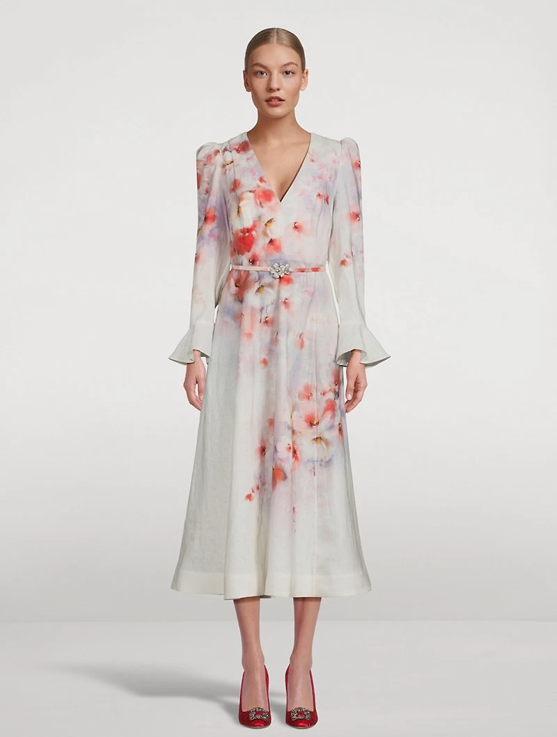 Crush Linen Midi Dress Floral Print