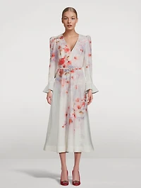 Crush Linen Midi Dress Floral Print