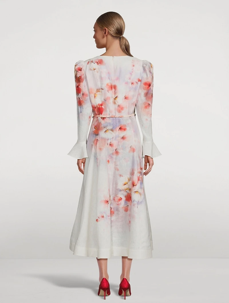 Crush Linen Midi Dress Floral Print
