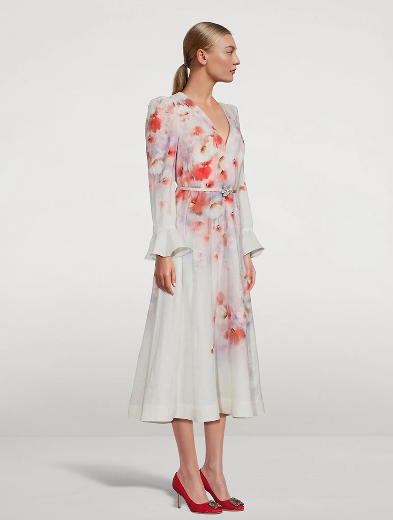 Crush Linen Midi Dress Floral Print