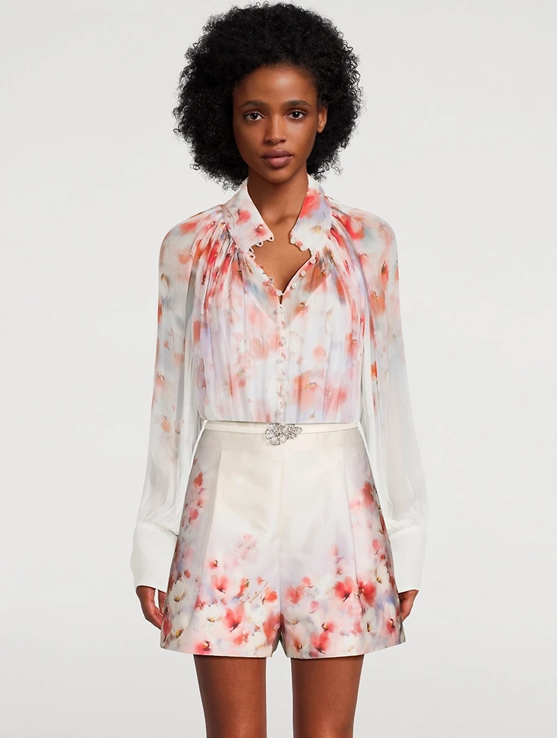 Crush Puff-Sleeve Blouse Floral Print