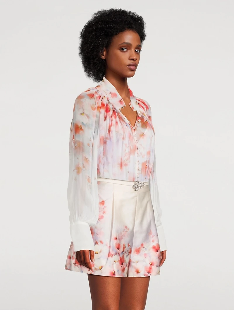 Crush Puff-Sleeve Blouse Floral Print