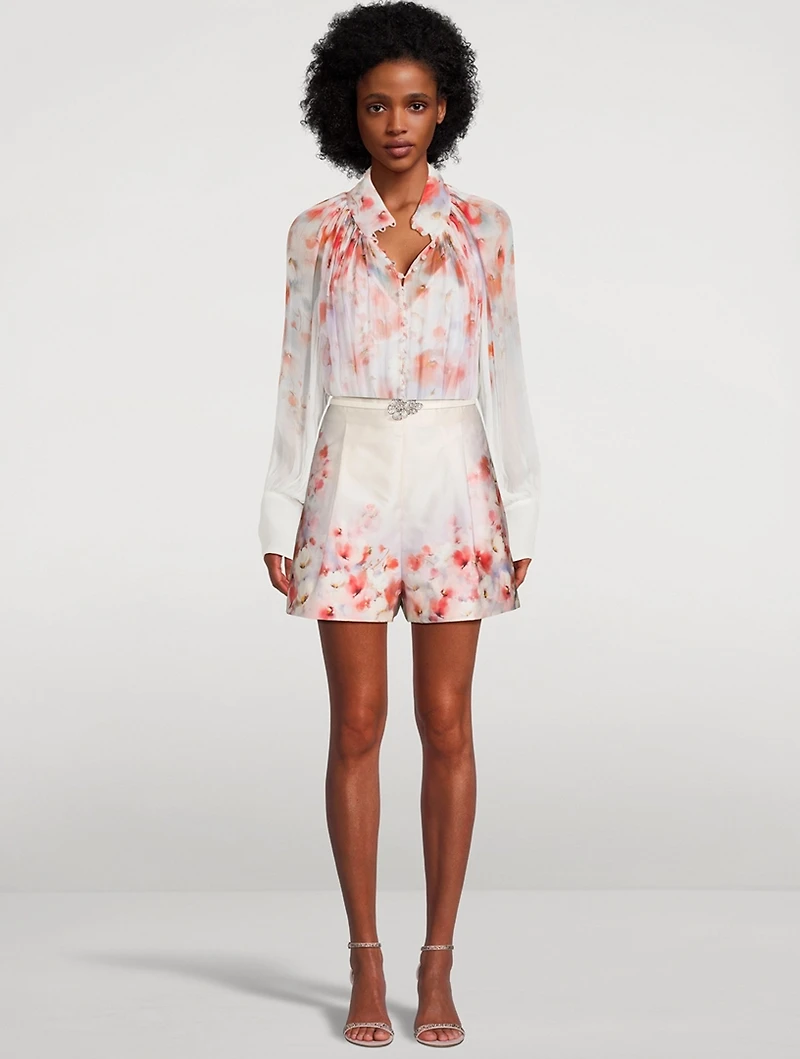 Crush Puff-Sleeve Blouse Floral Print