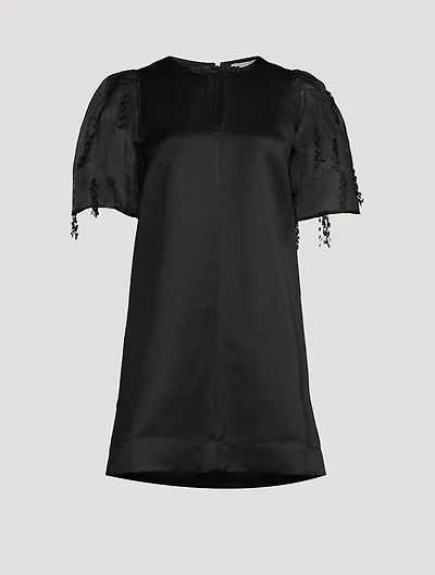 Organza-Sleeve Satin Shift Dress