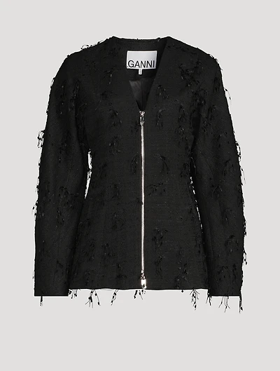 Embellished Tweed Curve-Sleeve Blazer