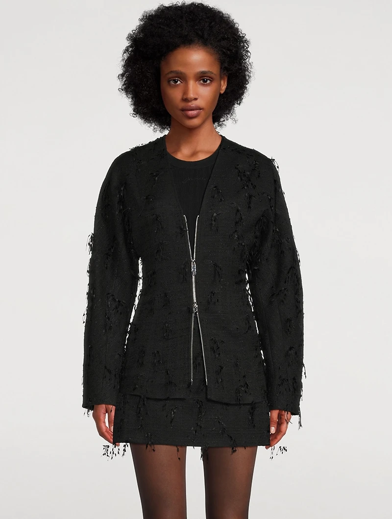Embellished Tweed Curve-Sleeve Blazer