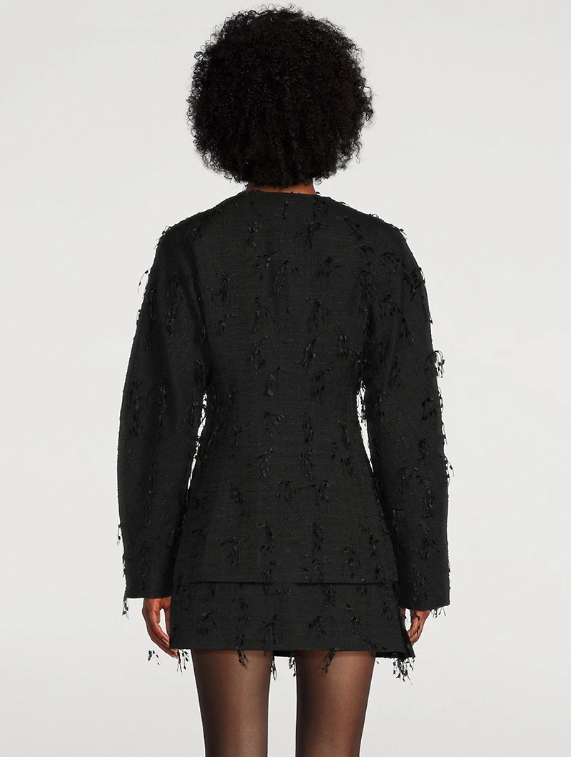Embellished Tweed Curve-Sleeve Blazer