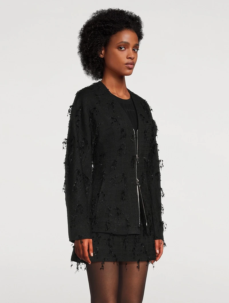 Embellished Tweed Curve-Sleeve Blazer