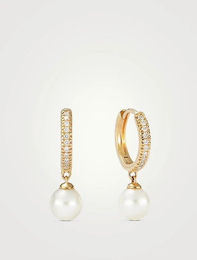 14K Gold Pavé Diamond Pearl Huggie Hoop Earrings