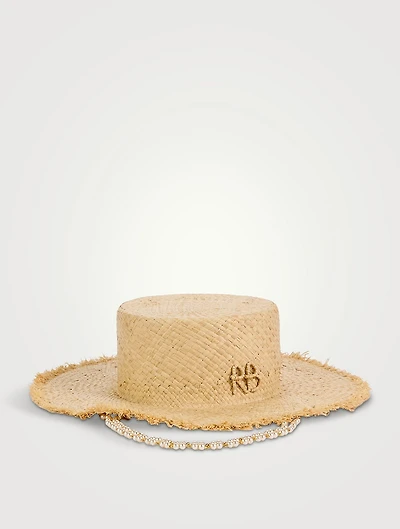 Canotier Straw Hat With Faux Pearl Chain