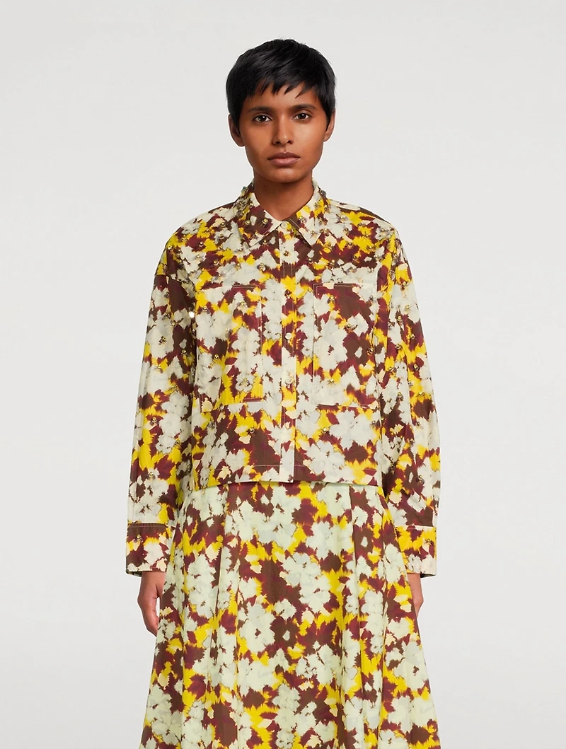Aria Embellished Cotton Shirt Blurred Floral Print