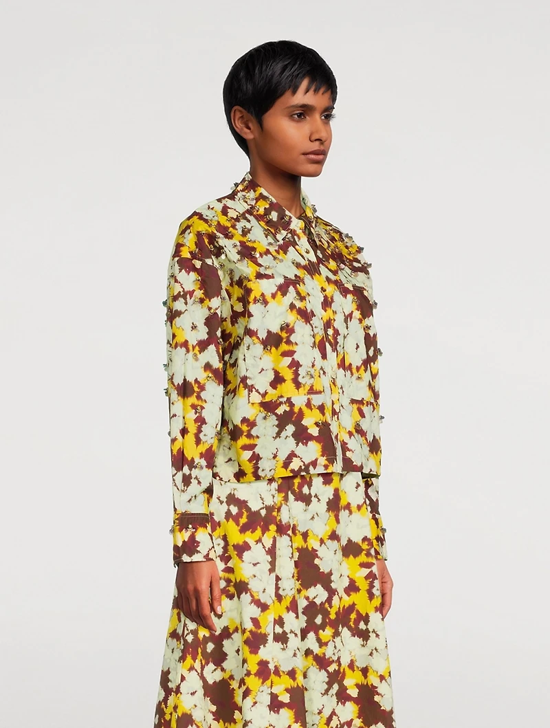 Aria Embellished Cotton Shirt Blurred Floral Print