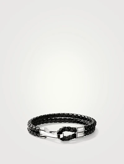 Braided Leather And Silver Hook Clasp Bracelet