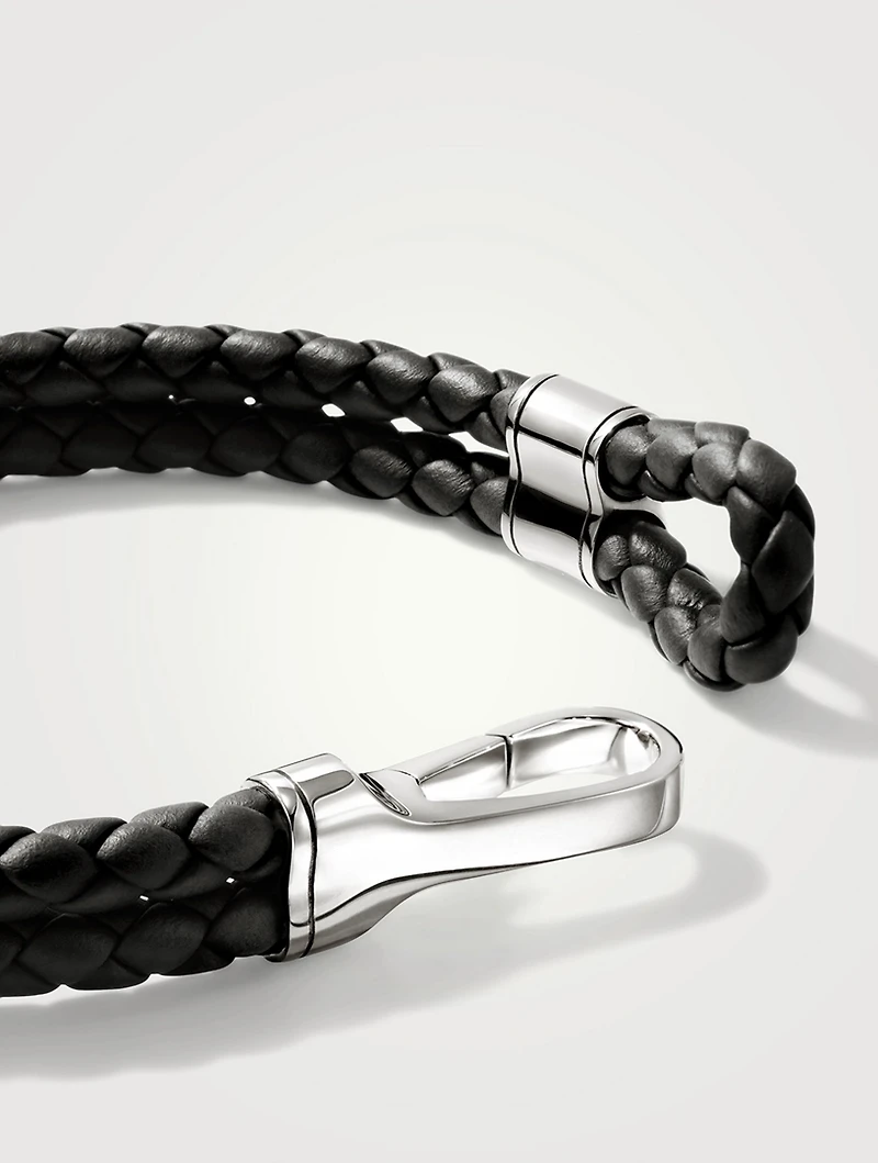 Braided Leather And Silver Hook Clasp Bracelet