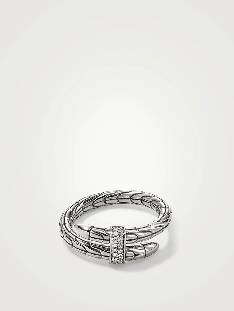 Spear Silver Single Wrap Ring With Pavé Diamonds