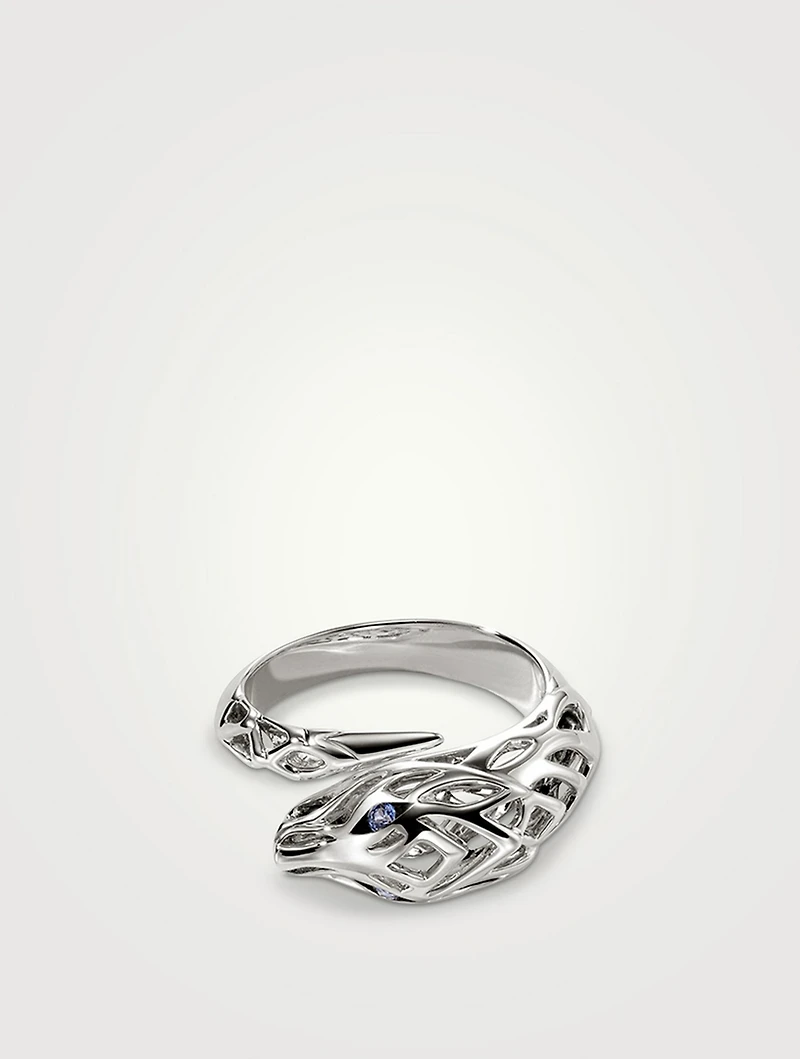 Naga Silver Bypass Ring With Blue Sapphire Eyes