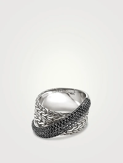 JH Essentials Silver 12.5mm Crossover Ring With Treated Black Sapphire