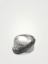 JH Essentials Silver 12.5mm Crossover Ring With Treated Black Sapphire