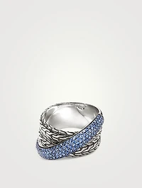 JH Essentials Silver 12.5mm Crossover Ring With Blue Sapphire