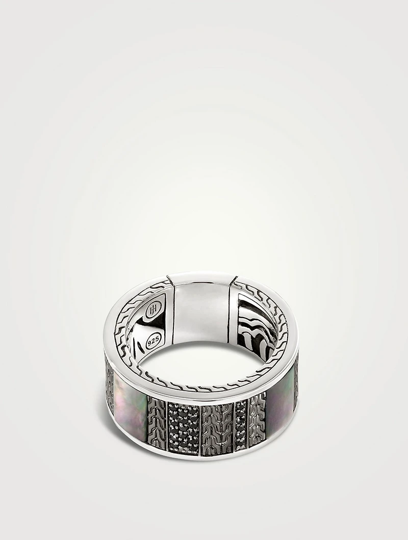Silver Carved Chain Ring With Gemstones