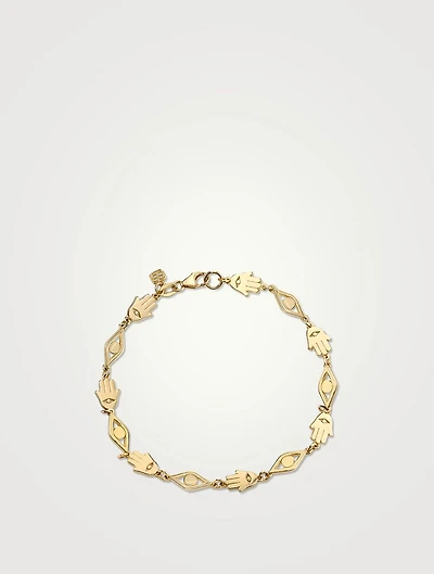 Tiny 14K Gold Pure Hamsa And Evil Eye Link Bracelet