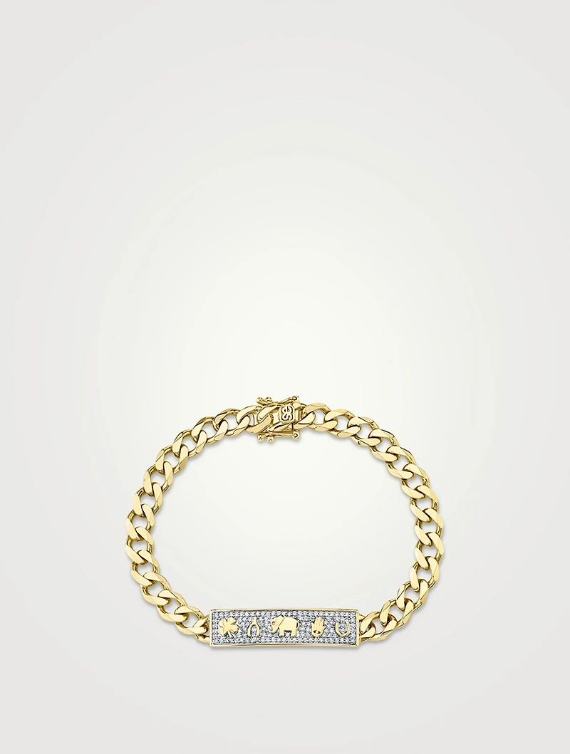 14K Gold Luck Icons ID Bar Bracelet With Diamonds