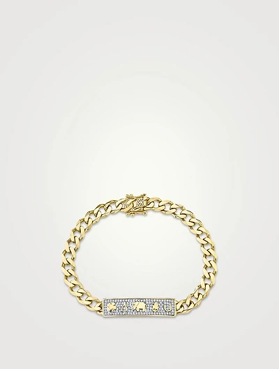 14K Gold Luck Icons ID Bar Bracelet With Diamonds