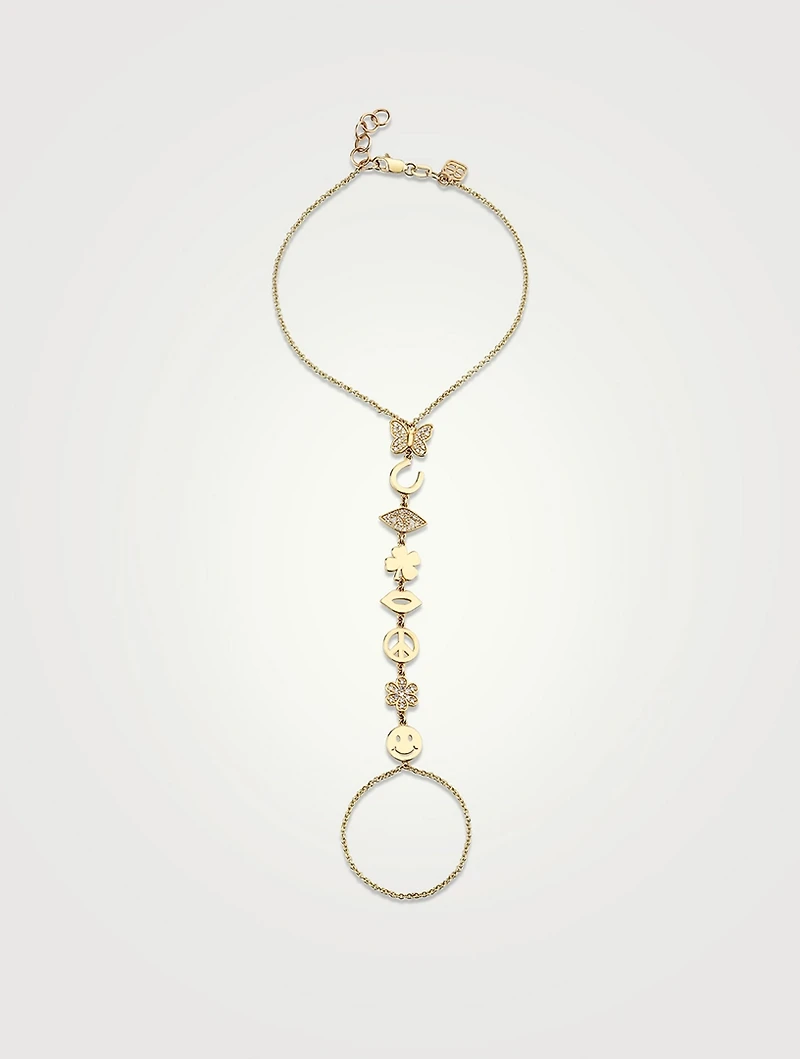 14K Gold Pavé Icons Princess Chain Bracelet With Attached Ring And Diamonds
