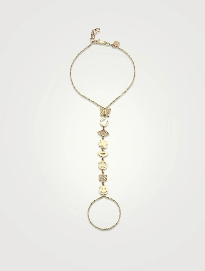 14K Gold Pavé Icons Princess Chain Bracelet With Attached Ring And Diamonds