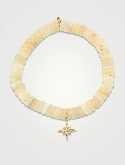 Ethiopian Opal Tyre Beaded Bracelet With 14K Gold Small Pavé Diamond Starburst Charm