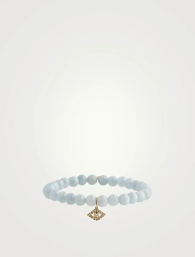 Aquamarine Beaded Bracelet With 14K Gold Large Bezel Diamond Evil Eye Charm