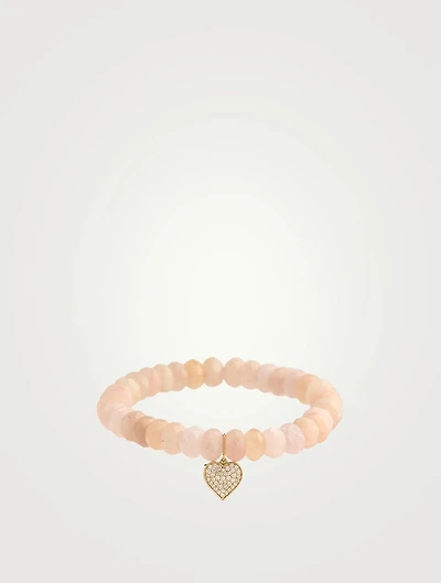 Morganite Beaded Bracelet With 14K Gold Mini Pavé Diamond Heart Charm