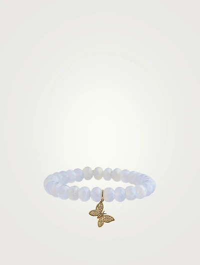 Light Blue Chalcedony Beaded Bracelet With 14K Gold Mini Pavé Diamond Butterfly Charm