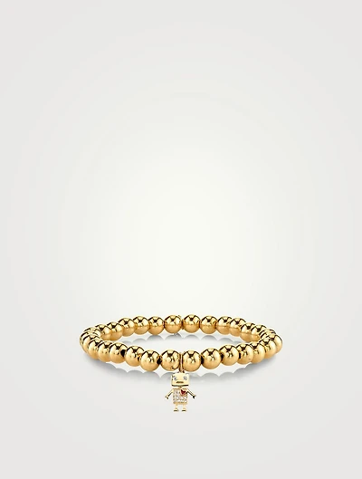 Gold Beaded Bracelet With 14K Gold Diamond Robot Charm