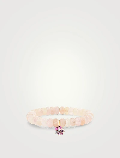 Morganite Beaded Bracelet With 14K Gold Pink Sapphire And Diamond Cocktail Disc Charm