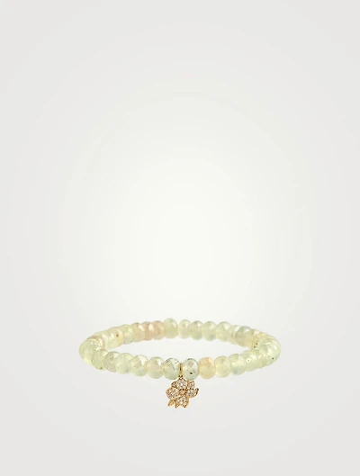 Prehnite Beaded Bracelet With Small 14K Gold Diamond Magnolia Charm
