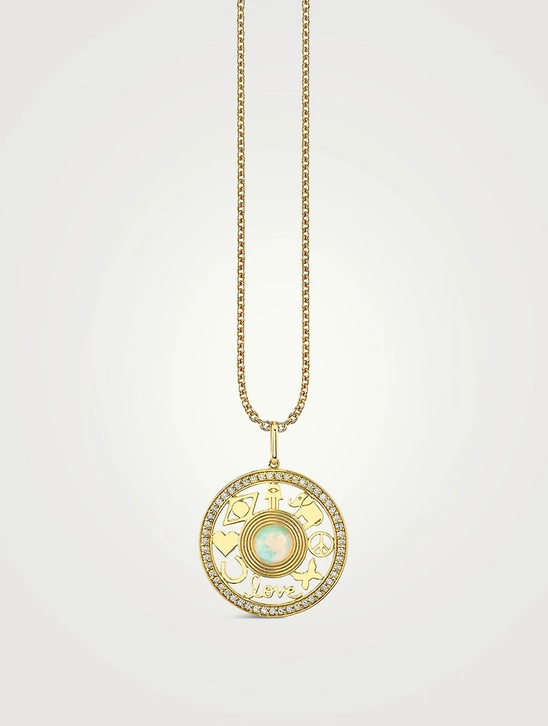14K Gold Open Icon Opal Pendant Necklace With Diamonds