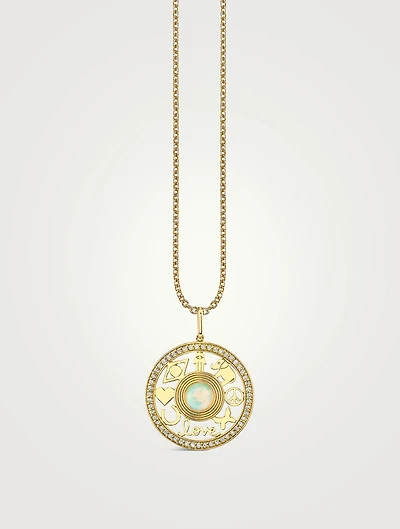 14K Gold Open Icon Opal Pendant Necklace With Diamonds