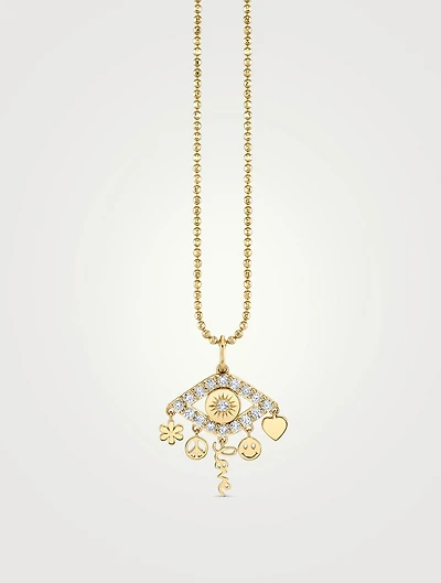 Small 14K Gold Icons Fringe Evil Eye Necklace With Diamonds