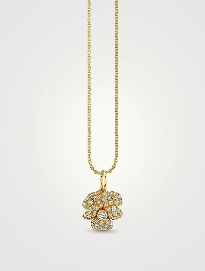 14K Gold Pansy Pendant Necklace With Diamonds