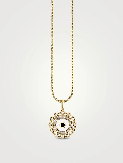 Small 14K Gold Enamel Evil Eye Necklace With Marquise Eye Border And Diamonds