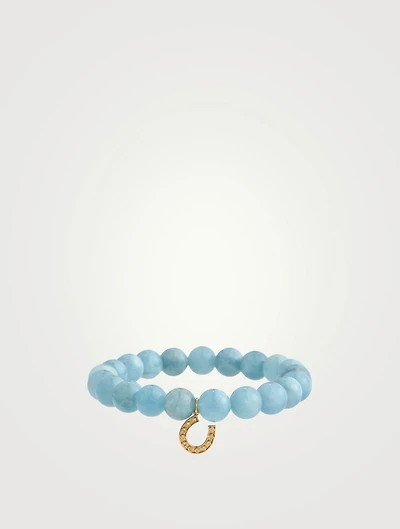 Aquamarine Beaded Bracelet With 14K Gold Small Bezel Diamond Horseshoe Charm